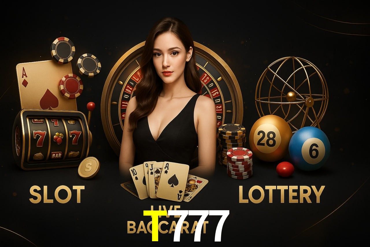 Escena dinámica inspirada en casino con iluminación T777, cartas, fichas e íconos de juegos digitales en un espacio moderno de juegos.