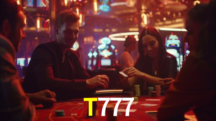 Una escena digital vívida inspirada en casino con T777 mostrado prominentemente, luces brillantes, fichas, cartas y acentos dorados.